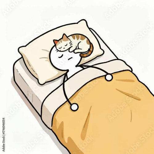 Funny and cute cat is sleeping peacefully on a pillow next to a person in bed, creating a warm and cozy atmosphere