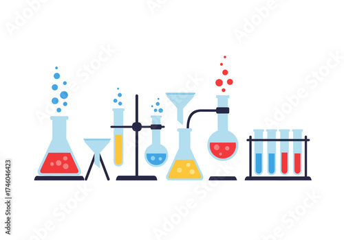 Colorful Chemistry Lab Equipment with Bubbling Liquids Illustration.