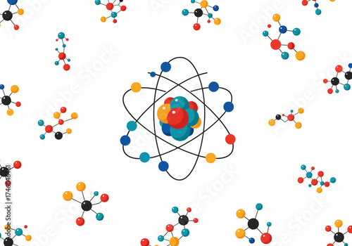 Colorful Atom and Molecule Pattern on White Background.