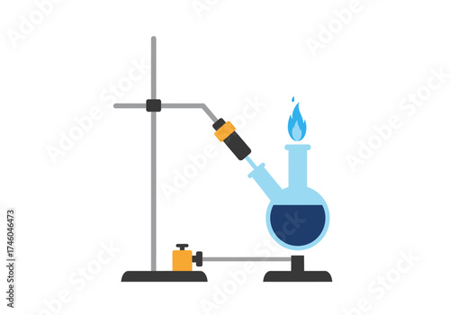 Chemical Distillation Apparatus with Round-Bottom Flask and Flame.