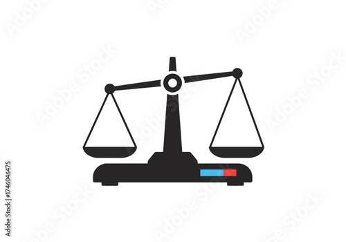 Black Scales of Justice Icon with Blue and Red Accent.