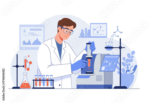 Scientist in Lab Coat Conducting Experiment with Pipette and Equipment.