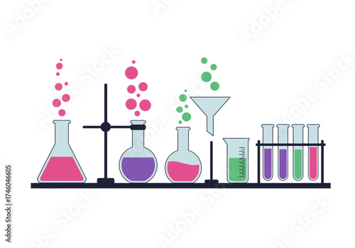 Colorful Chemistry Set with Beakers Test Tubes and Bubbles Illustration.