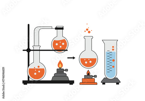 Chemical Distillation Process with Round Bottom Flasks and Bunsen Burners Illustration.