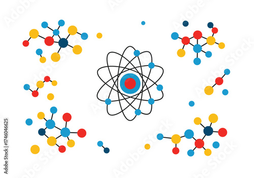 Colorful Molecular Structures and Atom Illustration on White Background.