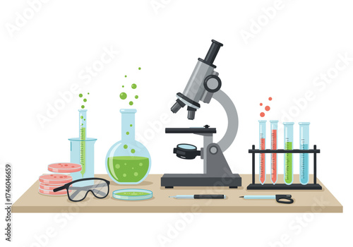Scientific Laboratory Equipment with Microscope and Glassware Illustration.