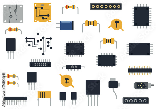 Assorted Electronic Components and Circuit Elements Illustration.