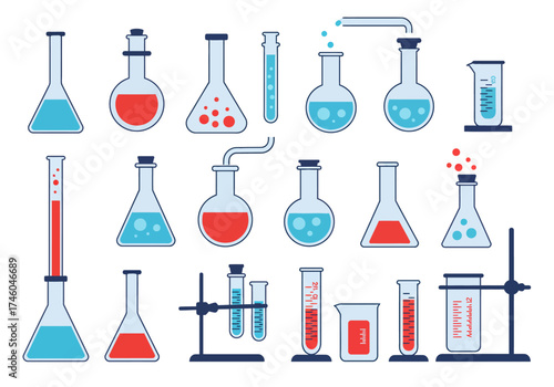 Science Lab Equipment: Beakers Flasks Test Tubes and Measuring Cups.