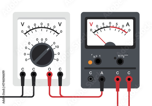 Two Analog Multimeters Displaying Voltage and Current Readings.