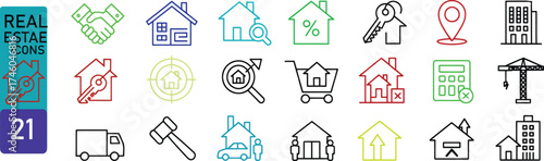 Collection of 21 Real Estate Icons Showcasing Houses, Keys, Handshakes, and More for Property Transactions, Rentals, and Investment Purposes