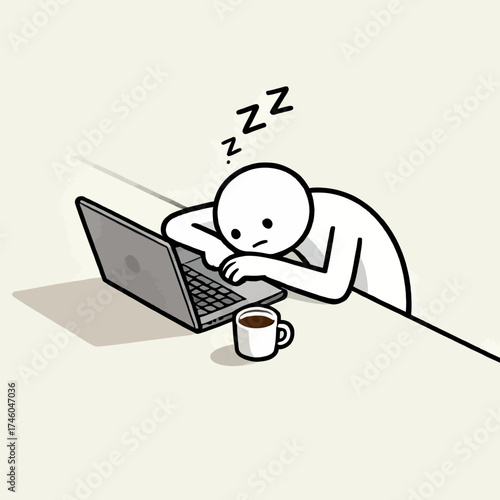 Overworked and exhausted person sleeping on a laptop with a cup of coffee nearby, symbolizing burnout and the struggle of long working hours