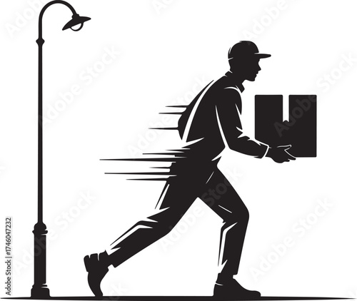 Vector art of silhouette of a man carrying a box isolated on transparent background