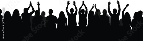 Crowd silhouettes with raised hands, cheering people, concert audience, celebration energy, unity concept, social gathering, black outline, isolated white background illustration