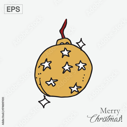 Golden Christmas ornament with stars, hand-drawn style for holiday greetings