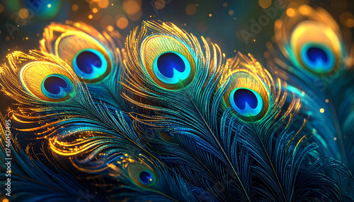 Close-up of vibrant peacock feathers with iridescent colors and glowing details.