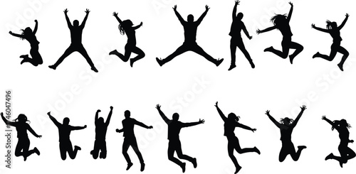 Silhouettes of people jumping in air, group celebration, joyful energy, active lifestyle, freedom concept, black outline, isolated white background illustration