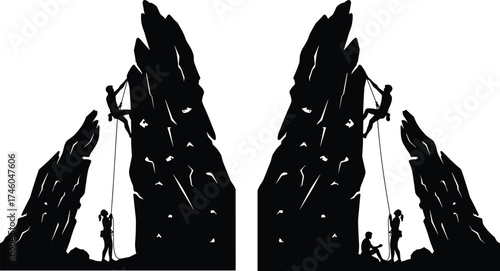 Rock climbing silhouettes with climbers on cliff, belaying teamwork, adventure sport, outdoor activity, extreme challenge, black outline, white background illustration