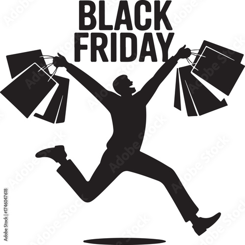 Happy Shopper  Running with Shopping Bags  Silhouette Vector 
