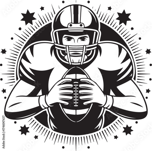 Powerful football player clutching ball with stars