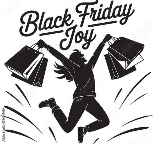 Happy Shopper  Running with Shopping Bags  Silhouette Vector 
