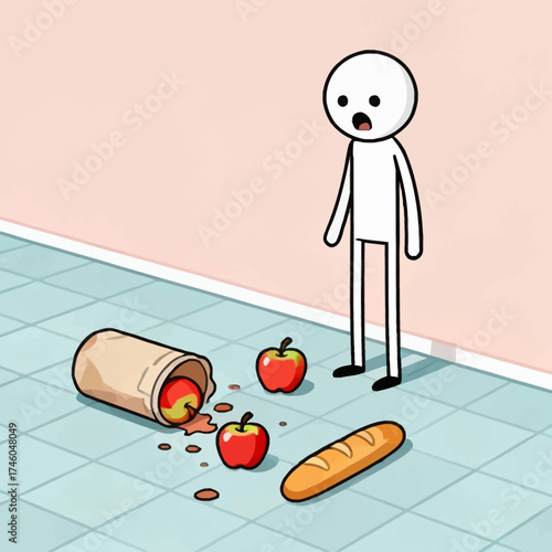 A simple stick figure looks on in surprise as a paper bag of apples spills onto the floor, with a baguette also lying nearby