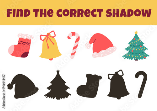 Find the correct shadow. Christmas Time Worksheet. Educational logical game for kids. New Year. Vector illustrations