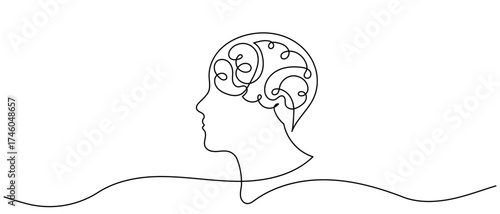 continuous line drawing of a human head with brain, mind, thought, creativity, or mental process. One line art brain on a white background representing psychology, mindfulness, or intelligence.