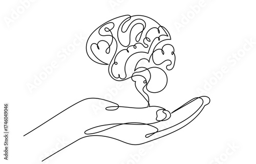 Continuous line drawing of a human hand gently holding a brain, knowledge, creativity, and mental care. Single line art on a white background representing intelligence,psychology, and innovation.brain