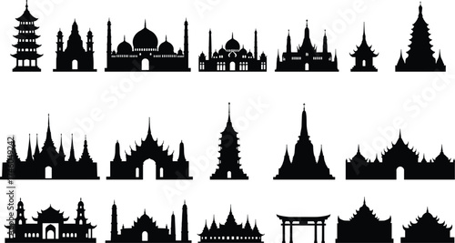 Religious architecture silhouettes with temples, mosques, pagodas, cultural landmarks, global heritage, historic buildings, black outline, isolated white background illustration