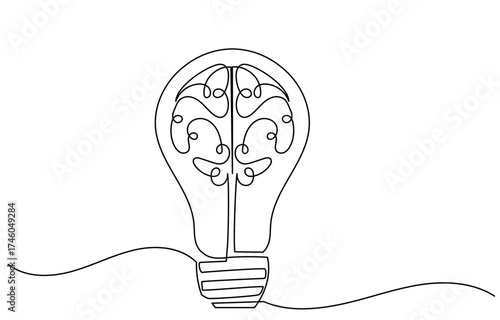 continuous one-line drawing of a brain inside a light bulb. This minimalist and abstract design symbolizes creativity, bright ideas, innovation, and the power of the mind, brain vector illustration.