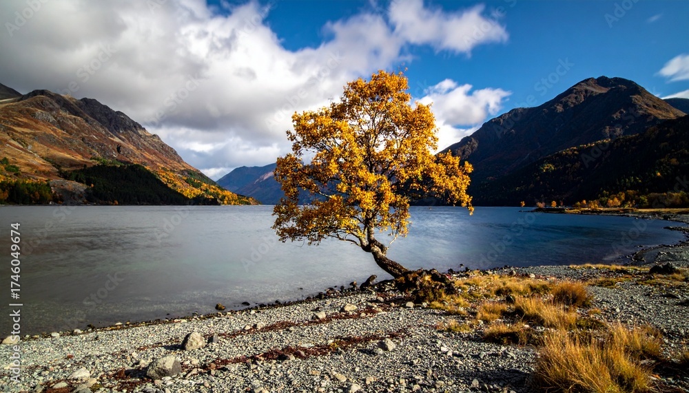 Fototapeta premium Lone golden autumn tree on a rocky shore by a mountain loch.