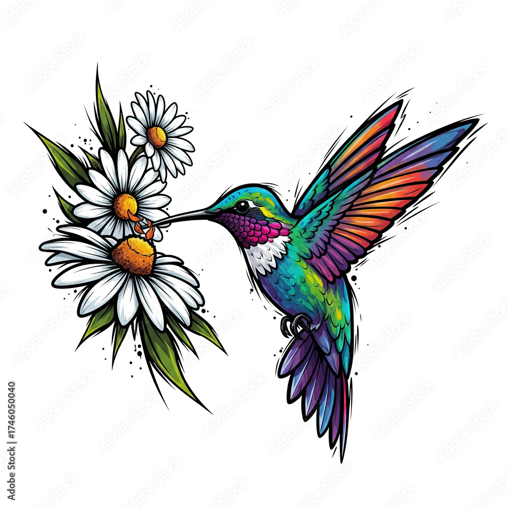 Obraz premium A vivid hummingbird with colorful feathers sips nectar from white daisies.