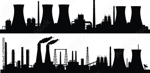Industrial factory silhouettes with chimneys, cooling towers, oil refinery, power plant, smoke stacks, energy production, black outline, isolated white background illustration