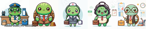 Cute Turtle Office Characters Vector Set Adorable Kawaii Business Turtles in Various Professions with Briefcases and Office Backgrounds Cartoon Animal Mascot Illustration