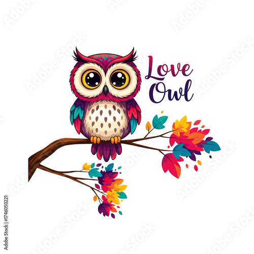 A cute and colorful cartoon owl perches on a branch with autumn leaves. A whimsical and charming design. Bird, Animals.