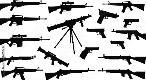 Silhouette firearms collection with rifles, pistols, machine gun on tripod, military weapons, black outline, isolated white background, defense equipment illustration