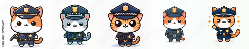 Fototapeta premium Cute Cat Police Officer Vector Set Adorable Kawaii Policeman Cats in Blue Uniform with Hats and Badges – Cartoon Animal Law Enforcement Mascot Illustration