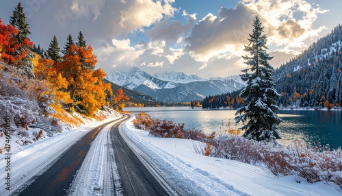 Wallpaper Mural A scenic snowy road curves alongside a mountain lake with autumn foliage. Torontodigital.ca