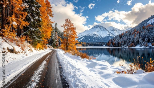 Wallpaper Mural Scenic Mountain Road Reflecting Autumn Colors and Winter Snow. Torontodigital.ca