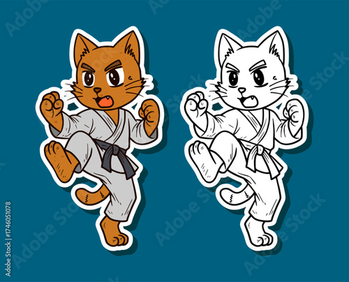 Karate Cat Executing a Jumping Side Kick Cartoon Illustration