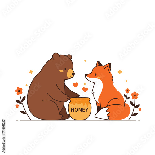 A bear and a fox share a jar of honey surrounded by flowers and hearts.