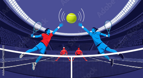 Dynamic Tennis Match Depicted with Two Players and Ball in Stadium.