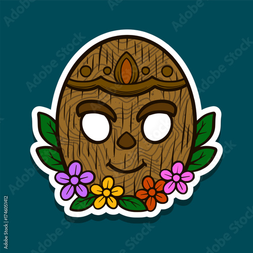 Cute tiki mask with flowers and leaf crown Sticker Illustration