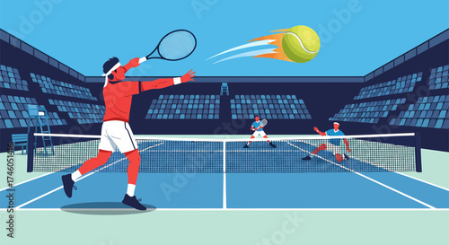 Dynamic Tennis Match Illustration RedShirted Player Serving with Speeding Ball.