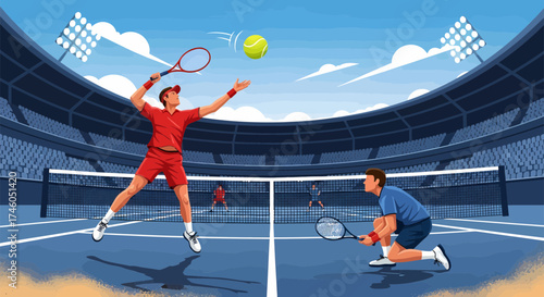 Dynamic Tennis Match RedClad Server and BlueClad Receiver in Stadium Action.