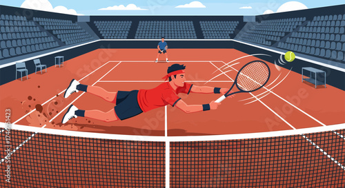 Dynamic Tennis Player Diving to Return a Serve on Clay Court.