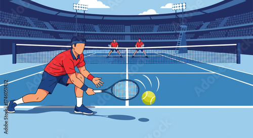 Illustrated tennis player hitting a yellow ball on a blue court.