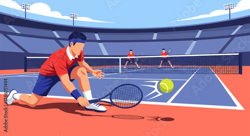 Tennis Player Lunging for a Forehand Shot on a Clay Court with Opponents.
