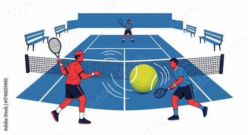 Tennis players on a blue court with a large tennis ball near the net.