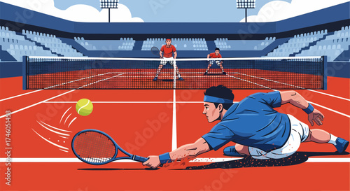 Dynamic Tennis Match Depicted with Player Diving to Return the Ball on Court.